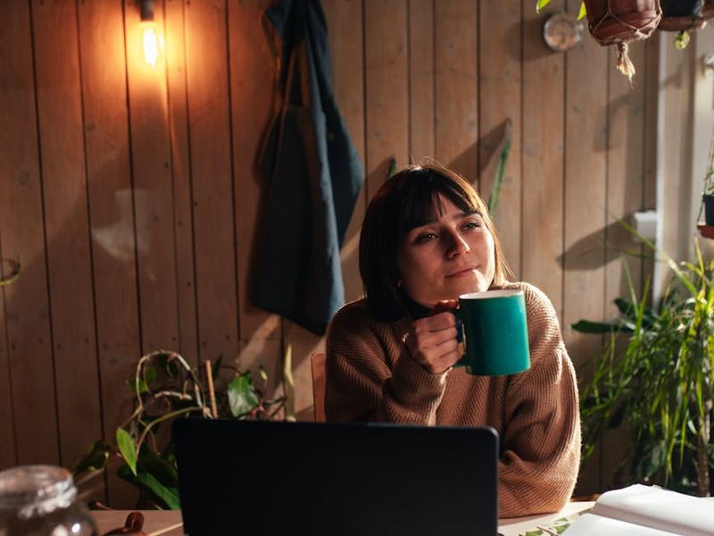 Calm workspace with a laptop and a plant, suggesting a mindful break.